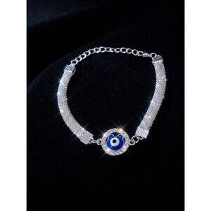 Dainty Evil Eye Bracelet with Sparkling Cubic Zirconia Silver Tone Adjustable